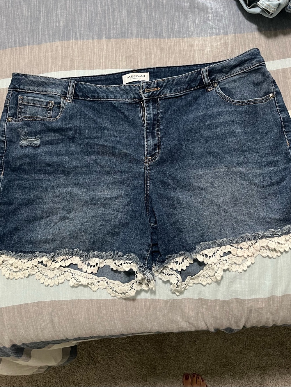 Lane Bryant Dark Blue Denim Shorts with White Lace Trim